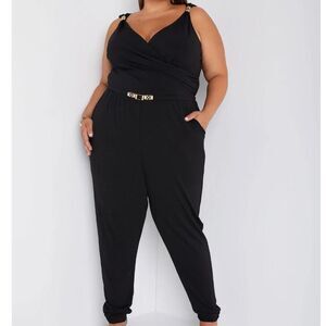 Ashley S Wrap Jumpsuit Womens Plus 2 Black/Gold V Neck Sleeveless Stretch 18/20